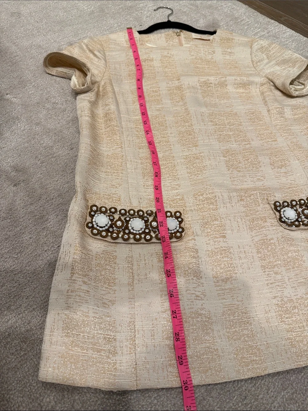 Tory Burch Cream Short-Sleeve Embellished Pocket Shift Dress